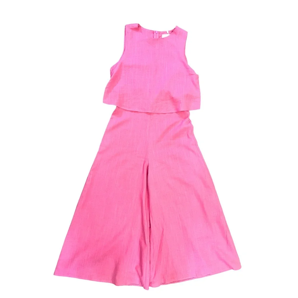 MVN THE LABEL Femme Pink Linen Blend Wide Leg Crop Overlay Jumpsuit US 4 NEW